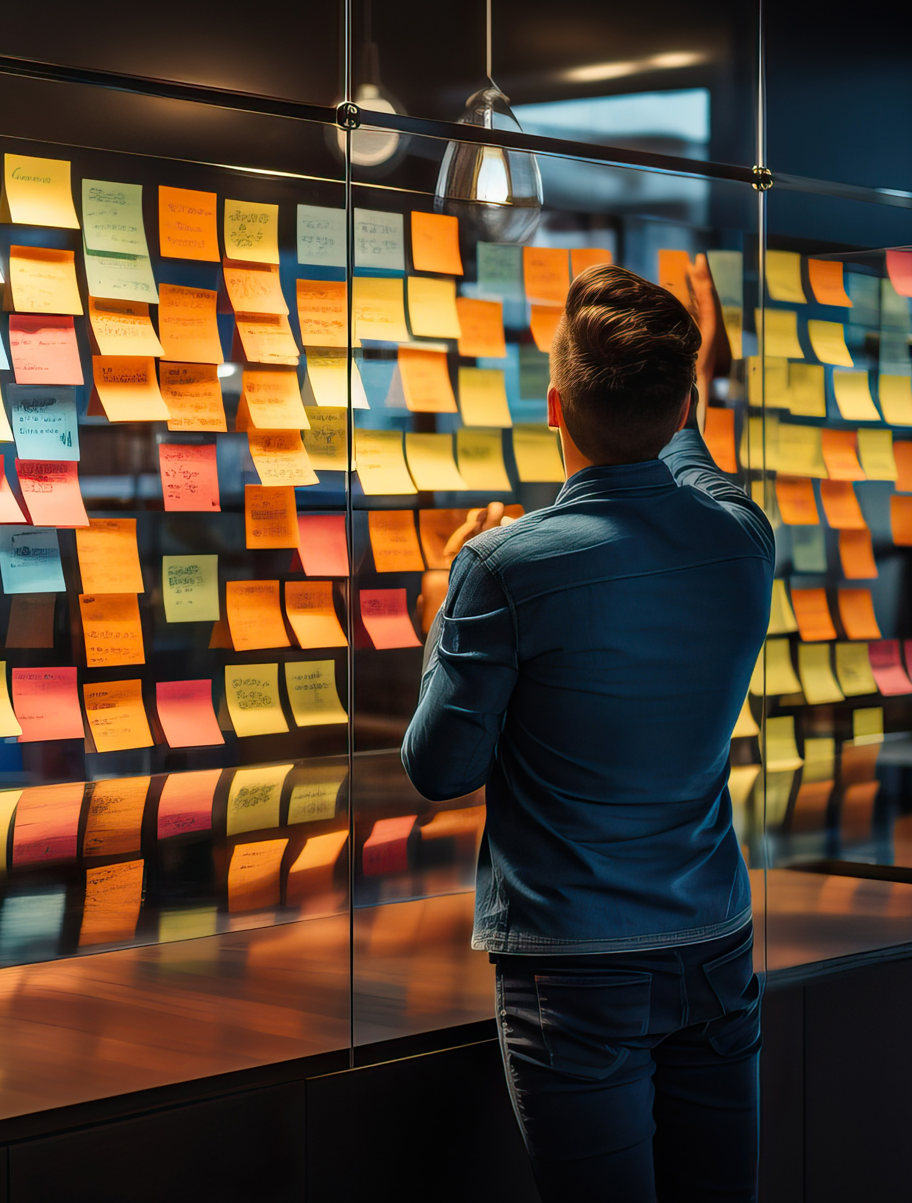 Man standing in front of a wall of ideas