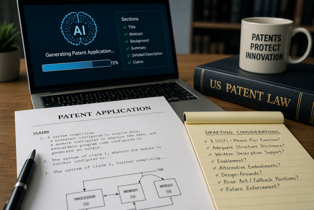 Laptop showing progress of AI patent application generation, shown with a list of patent claims and drafting considerations