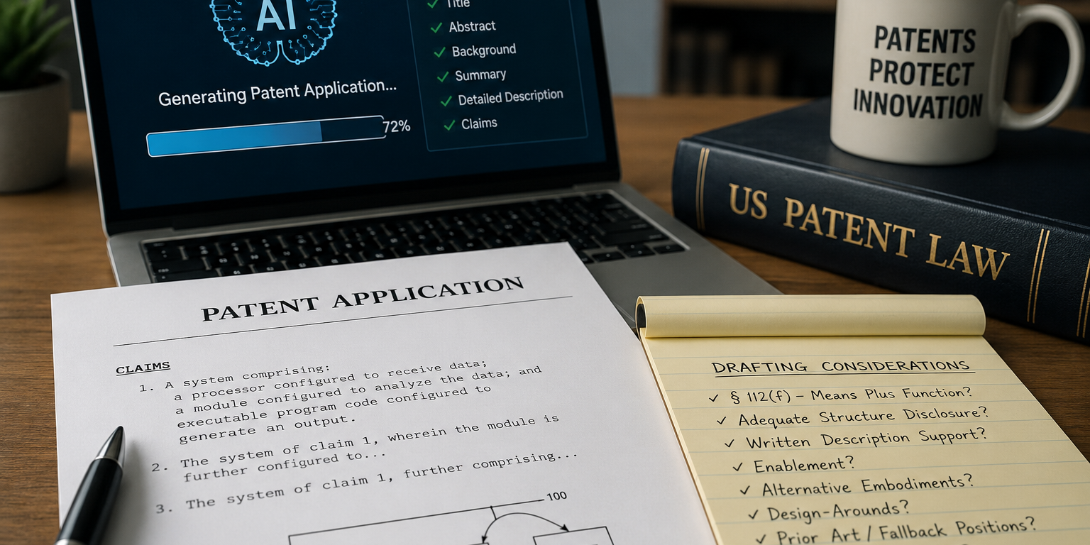 Laptop showing progress of AI patent application generation, shown with a list of patent claims and drafting considerations